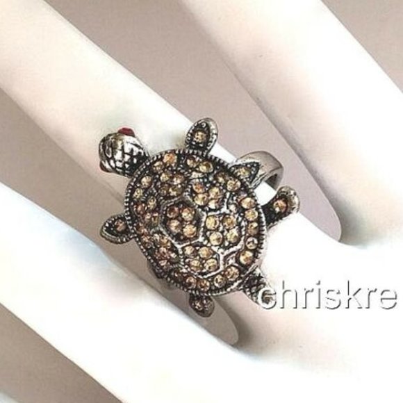 Silver Sea Life Turtle Cocktail Ring Size 6 Champagne Peach Crystals Plated Cute - Picture 7 of 8
